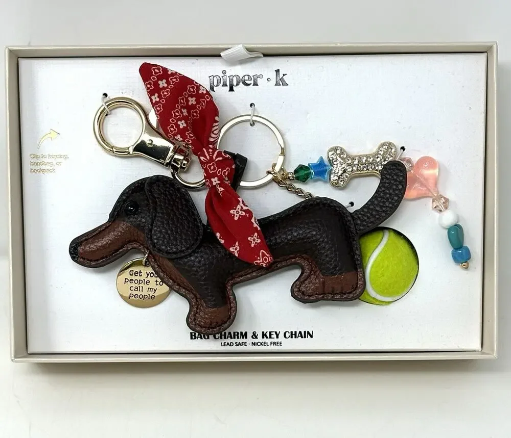 Piper K Dachshund Doxie Dog Bag Charm Tennis Ball Bandana Bone Keyring Keychain